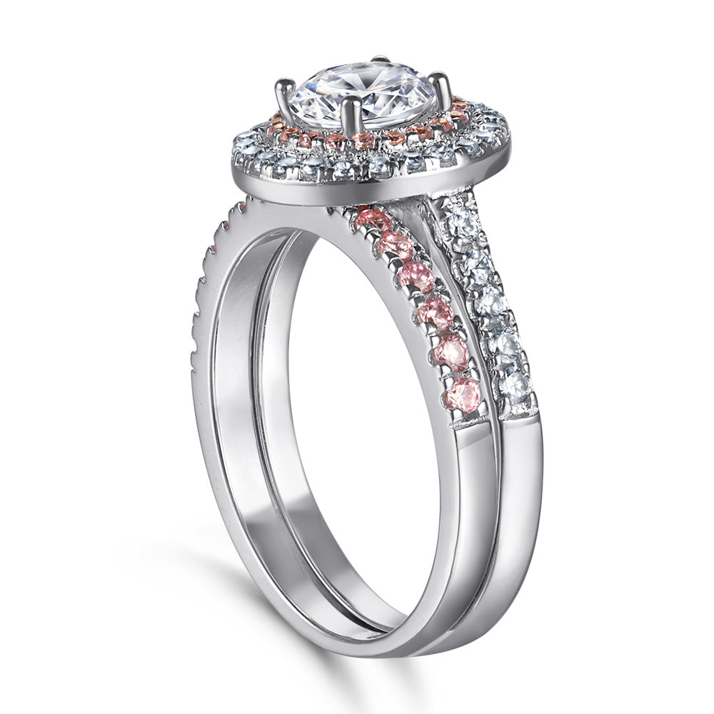 0.8-Carat Round Cut Simulated Pink & Colorless Diamond Halo Wedding Set in White Gold-Plated Sterling Silver