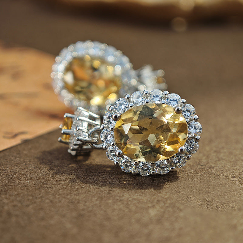 Yellow Citrine Oval Drop Earrings in Sterling Silver with Halo Design