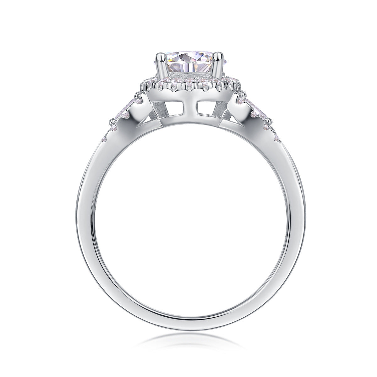 Halo Moissanite Engagement Ring in Sterling Silver with White Gold Plating with GRA Certificate