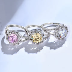 2.0-Carat Round Cut Simulated Colorless, Yellow, and Pink Diamond Engagement Ring with 4-Prong Setting