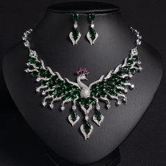 Peacock-Inspired Necklace and Earrings Set with Multi-Color Simulated Diamonds in White Gold