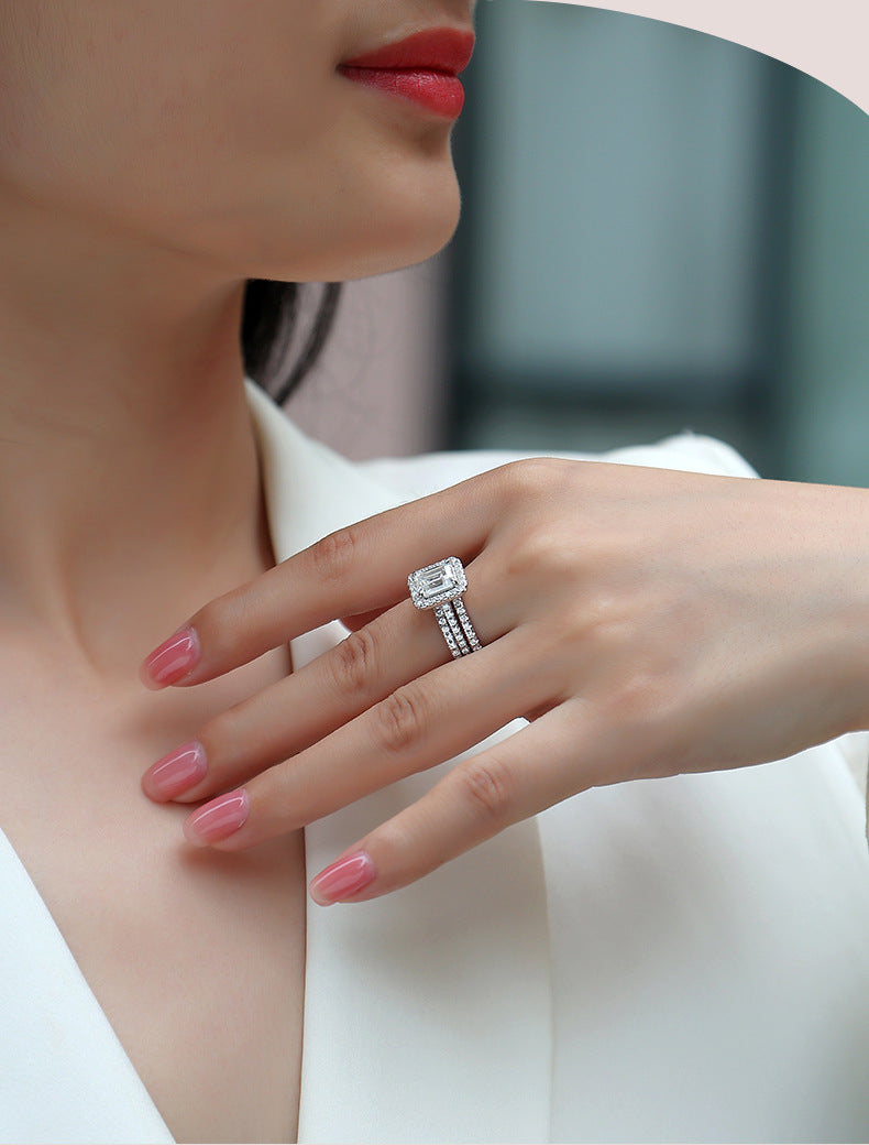 2-Carat Emerald Cut Moissanite Halo Wedding Set in Sterling Silver with GRA Certificate