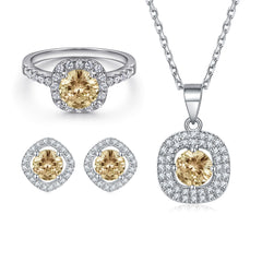 Elegant 3-Piece Sterling Silver Jewelry Set with Round Simulated Diamonds and Halo Design-Citrine