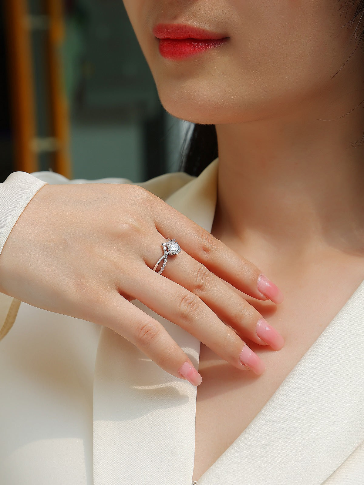 Classic Round Moissanite Engagement Ring in Sterling Silver with Accents with GRA Certificate