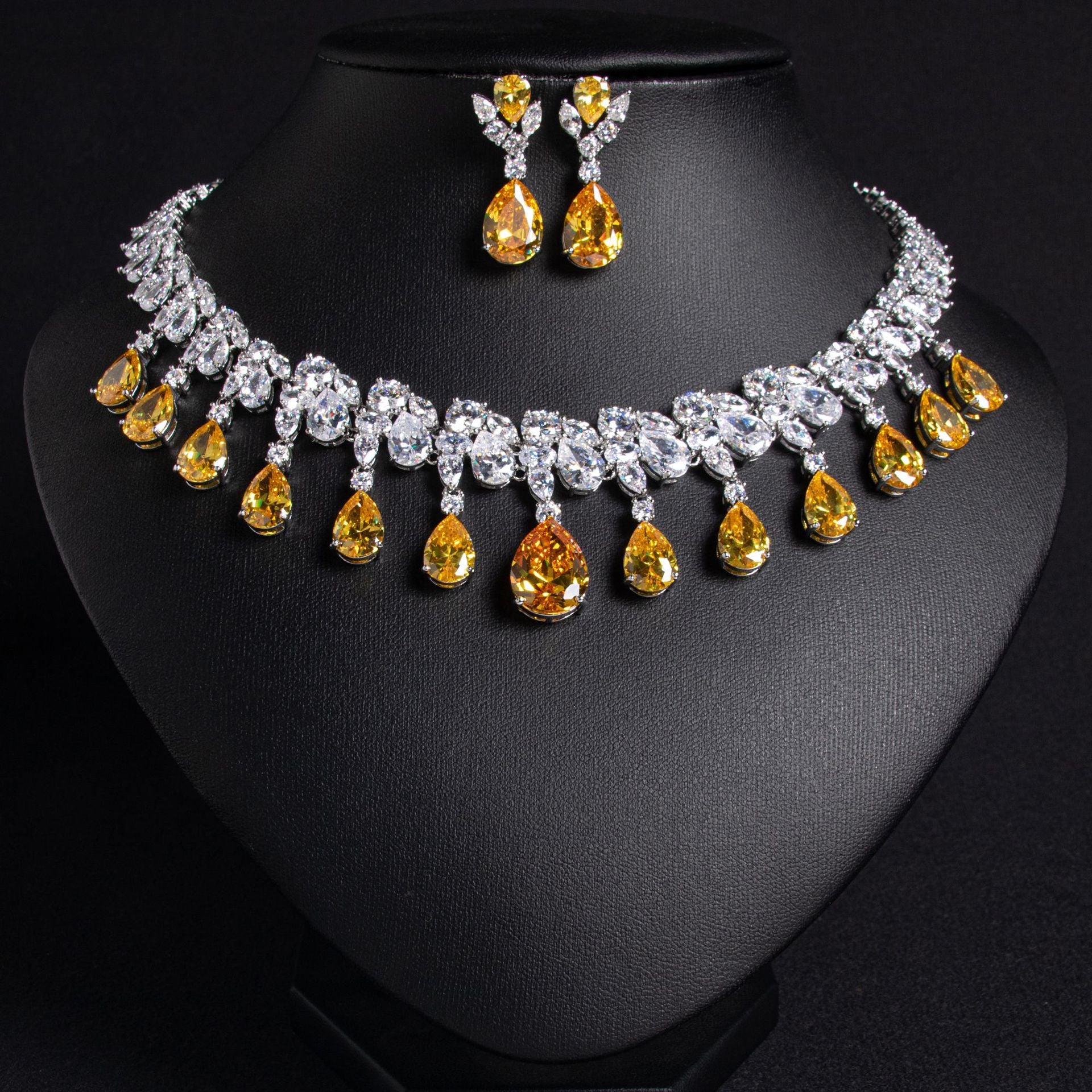 Multi-Color Pear Cut Simulated Diamond Necklace and Earrings Set in White Gold-Plated Copper