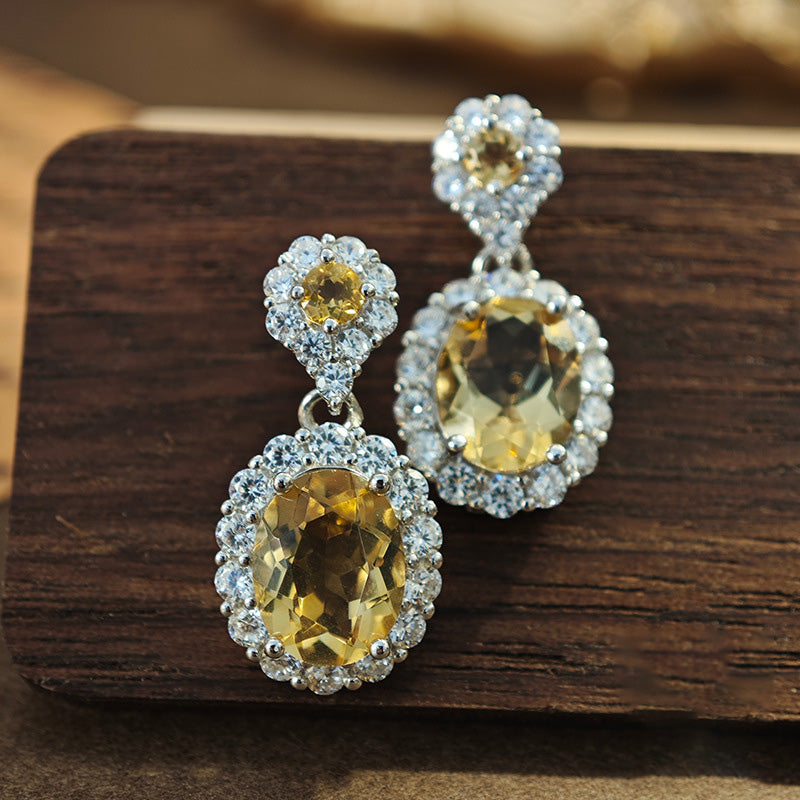 Yellow Citrine Oval Drop Earrings in Sterling Silver with Halo Design