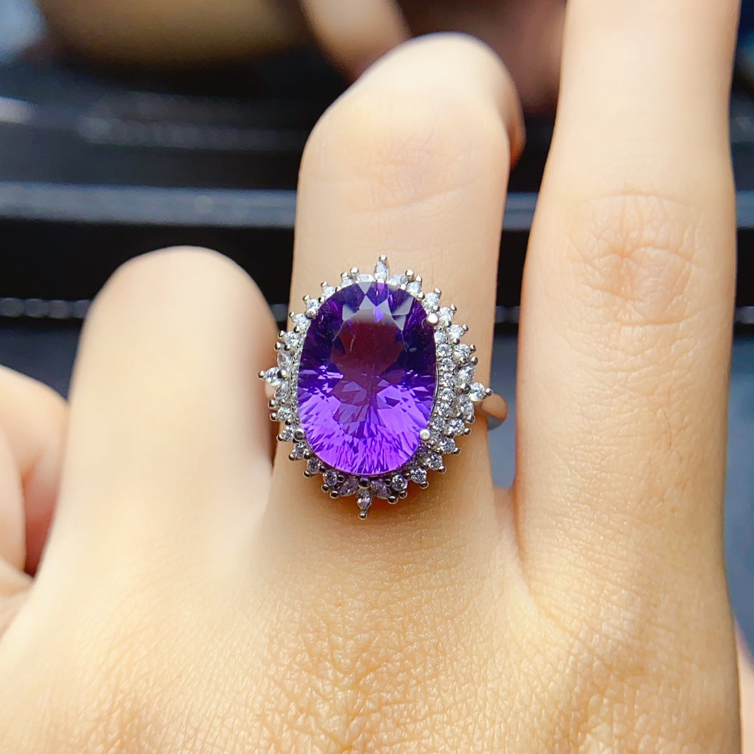 Amethyst Oval Cut Engagement Ring with Halo Design in Sterling Silver