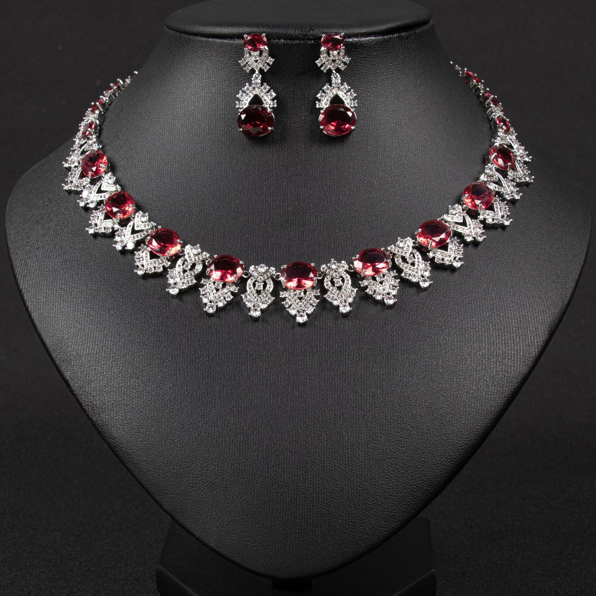 Luxury Bridal Necklace and Earrings Set with Oval Simulated Diamonds in White Gold Plating