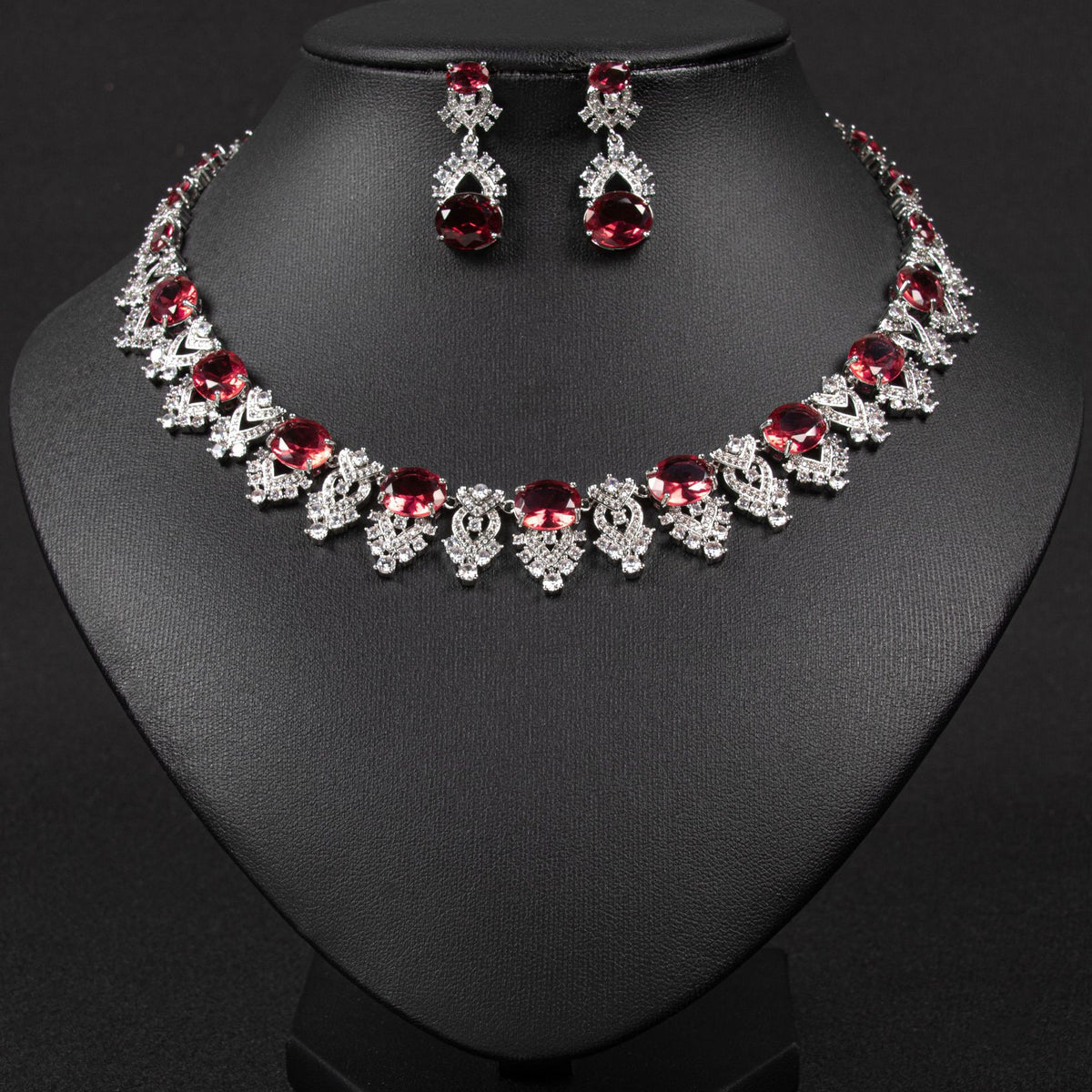 Luxury Bridal Necklace and Earrings Set with Oval Simulated Diamonds in White Gold Plating