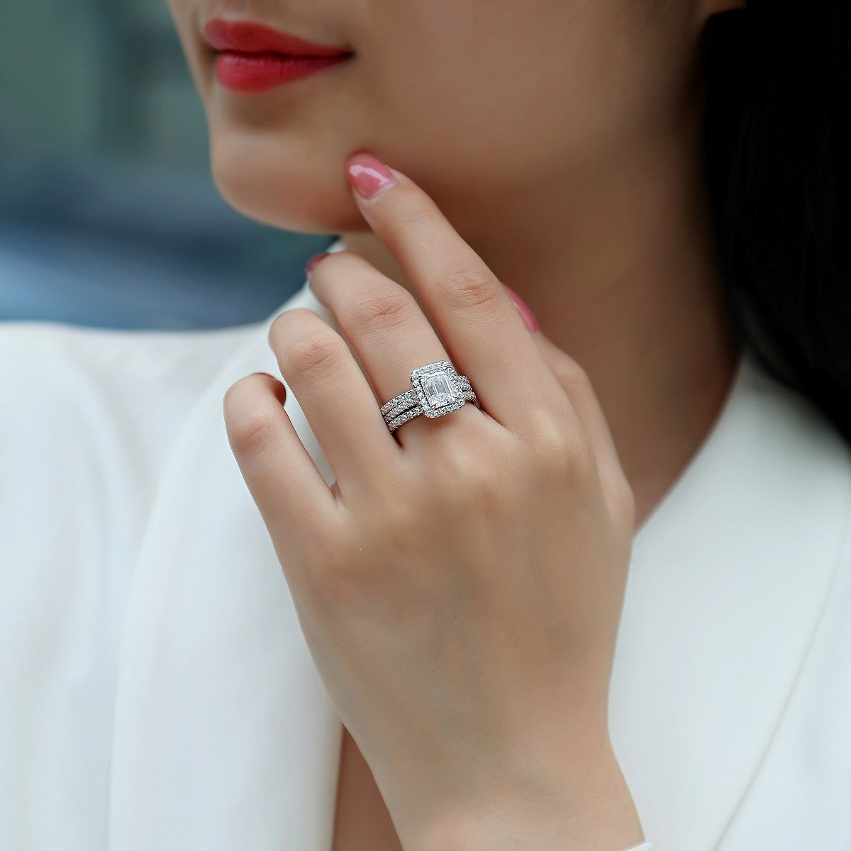 2-Carat Emerald Cut Moissanite Halo Wedding Set in Sterling Silver with GRA Certificate