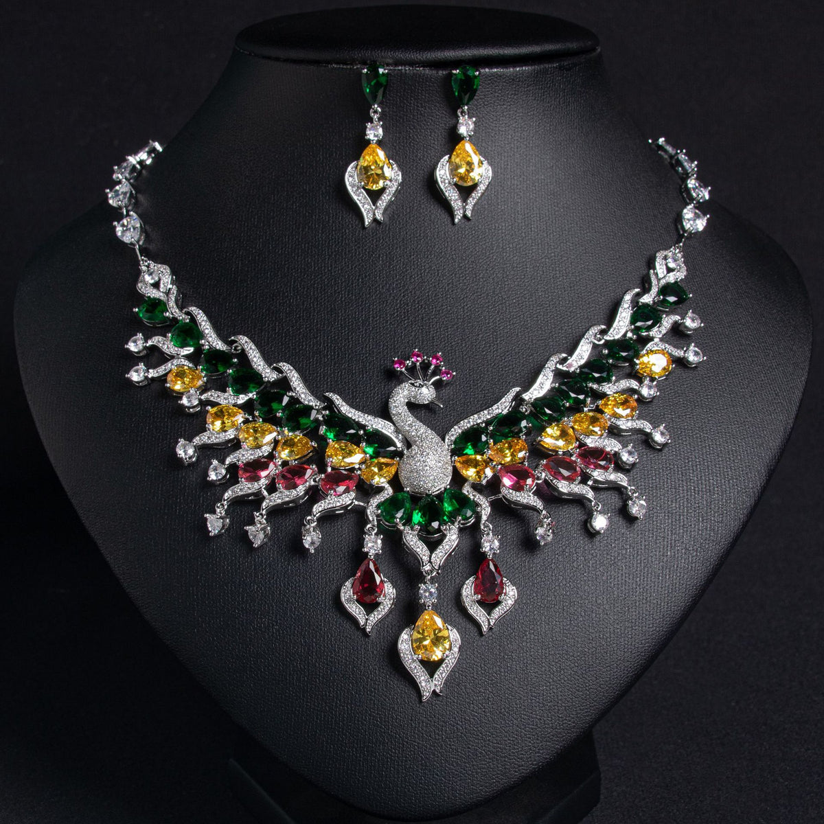 Peacock-Inspired Necklace and Earrings Set with Multi-Color Simulated Diamonds in White Gold