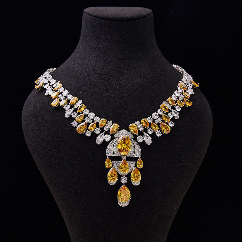 Yellow Diamond Necklace and Earrings Set with Oval and Radiant-Cut Simulated Diamonds in White Gold-Plated Copper