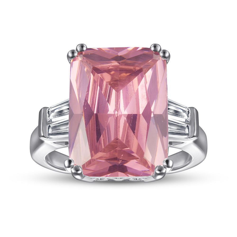 Three Stones 10.0-Carat Radiant Cut Pink and Colorless Simulated Diamond Engagement Ring