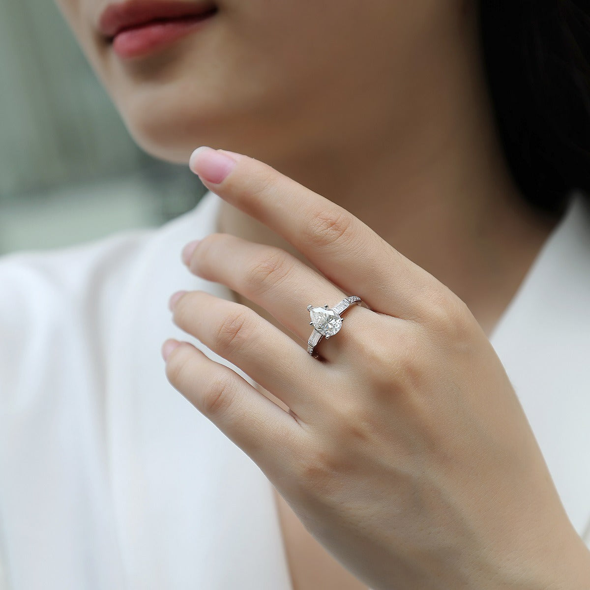 Pear-Shaped 2-Carat Moissanite Engagement Ring in White Gold-Plated Sterling Silver with GRA Certificate