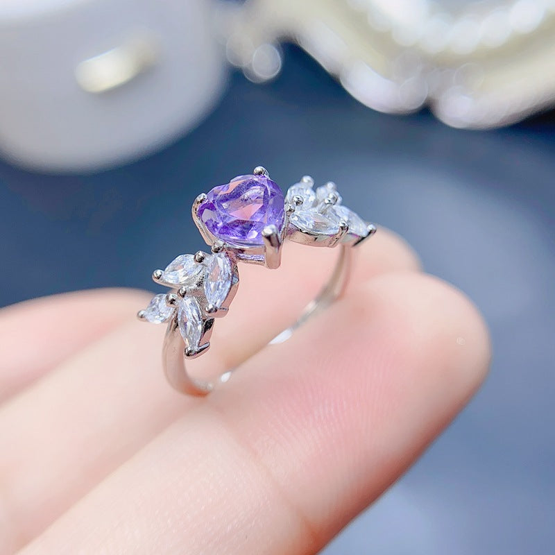 Amethyst Heart Cut Engagement Ring in Sterling Silver with White Gold Plating