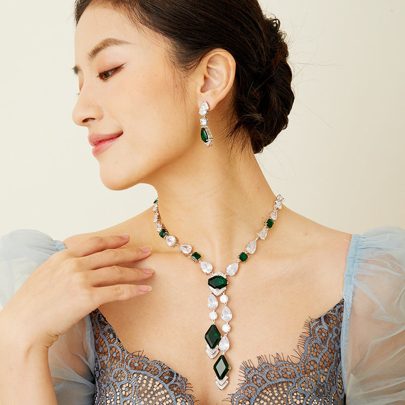 Vintage-Inspired Lab-Grown Emerald Necklace and Earrings Set in White Gold-Plated Copper