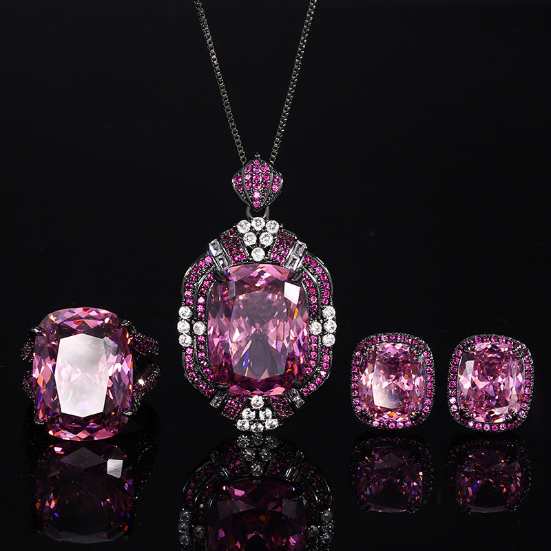 Vintage Radiant-Cut Simulated Gemstone Jewelry Set in Black Gold-Plated Copper