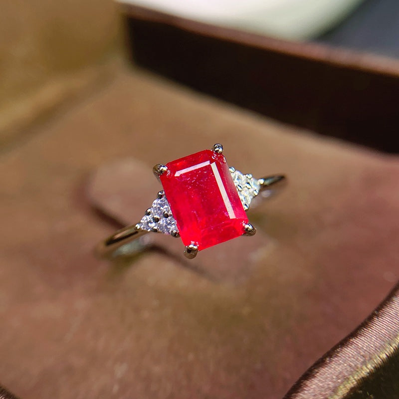 Ruby Emerald Cut Engagement Ring in Sterling Silver with White Gold Plating