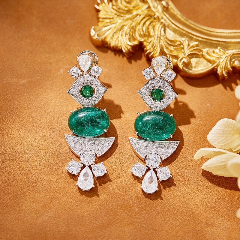 Emerald Necklace and Drop Earrings Set with Oval Simulated Gemstones in White Gold-Plated Copper