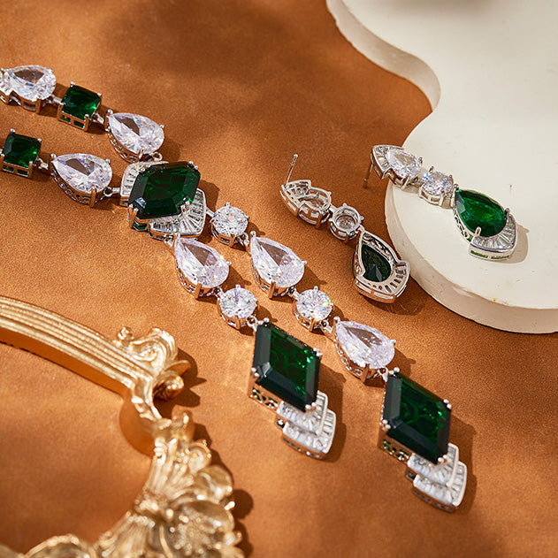 Vintage-Inspired Lab-Grown Emerald Necklace and Earrings Set in White Gold-Plated Copper