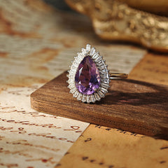 Amethyst Pear Cut Engagement Ring with Halo Design in Sterling Silver and Platinum Plating