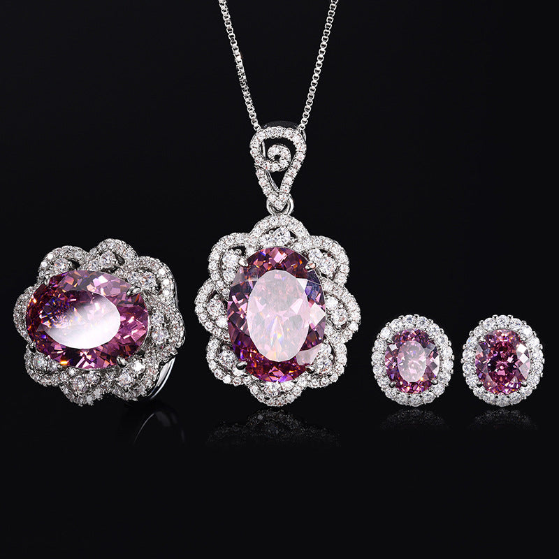 Oval-Cut Simulated Amethyst Jewelry Set in White Gold-Plated Copper with Elegant 4-Prong Design