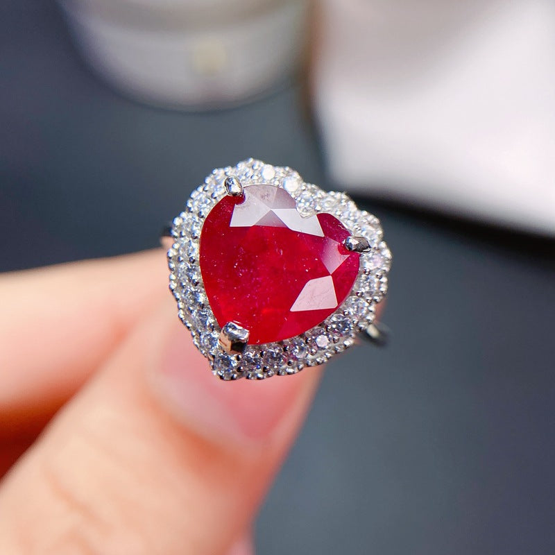 Ruby Heart Engagement Ring in Sterling Silver with Halo Design