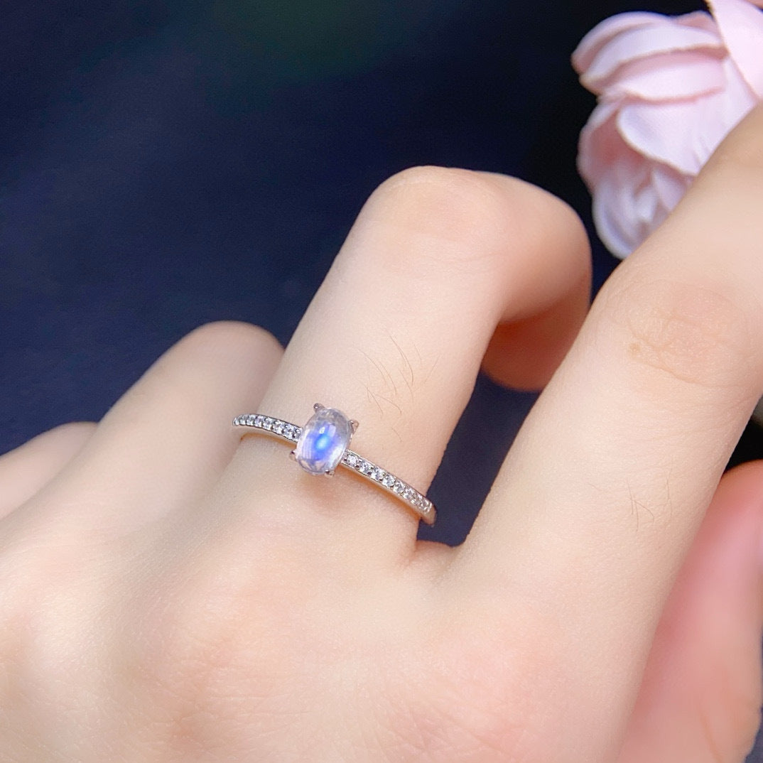 Blue Moonstone Oval Engagement Ring in Sterling Silver with Accents