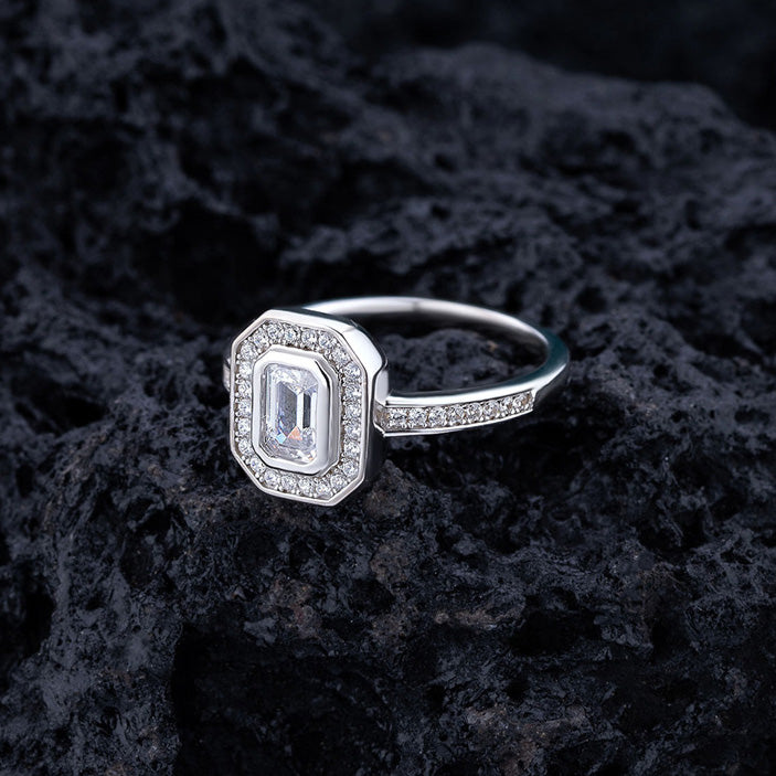 Halo, Accents Emerald Cut Simulated Diamond Engagement Ring