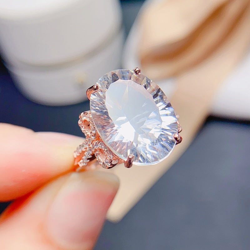 Clear Quartz Oval Cut Engagement Ring in Sterling Silver with White and Rose Gold Plating