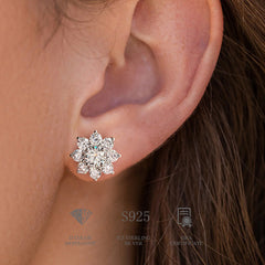 Floral Moissanite Stud Earrings in Sterling Silver with White Gold Plating with GRA Certificate