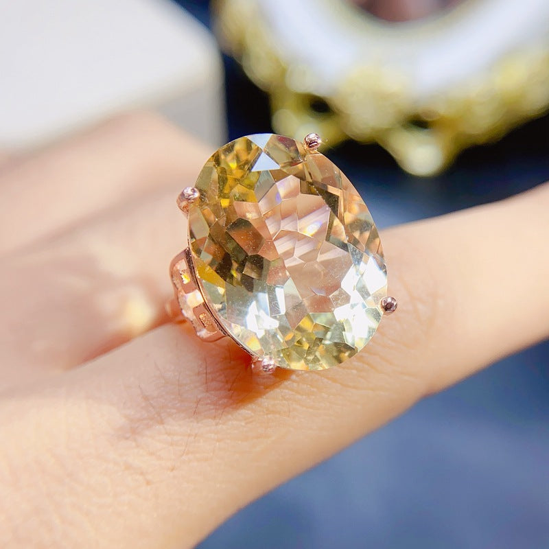 Fashionable Large Yellow Citrine Engagement Ring in Sterling Silver with White Gold