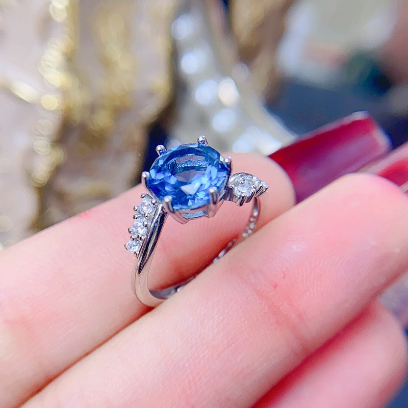 London Blue Topaz Round Cut Engagement Ring in Sterling Silver with White Gold Plating