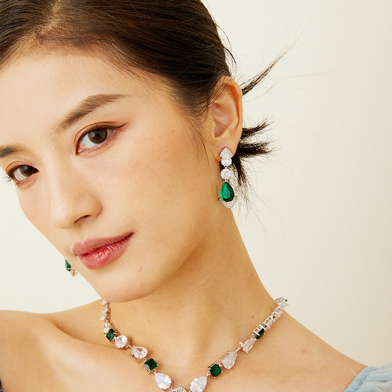 Vintage-Inspired Lab-Grown Emerald Necklace and Earrings Set in White Gold-Plated Copper