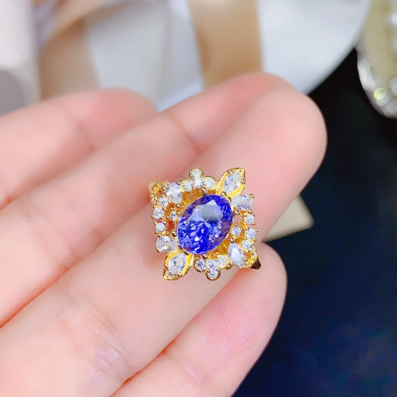 Luxurious Tanzanite Oval Engagement Ring in Sterling Silver with 18K Gold Plating