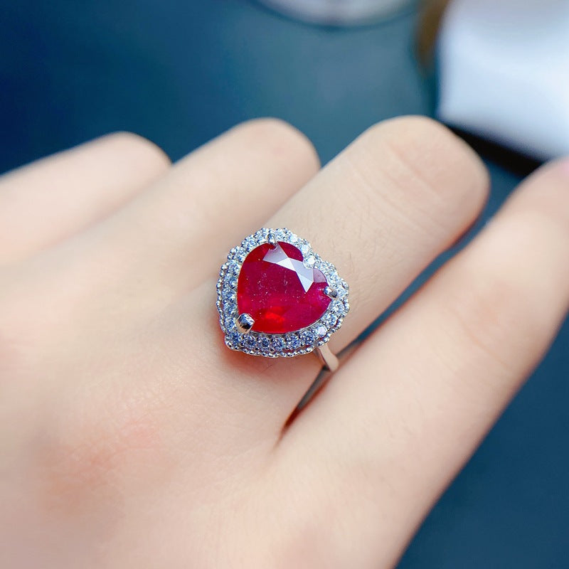 Ruby Heart Engagement Ring in Sterling Silver with Halo Design