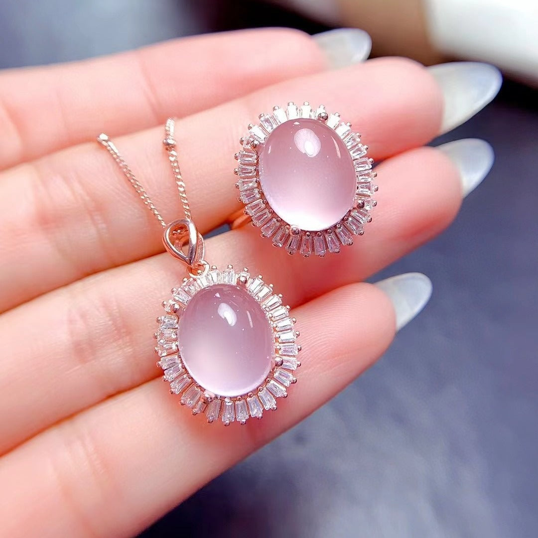 Rose Quartz Oval Cut Pendant Set in Sterling Silver with White Gold and Rose Gold Plating