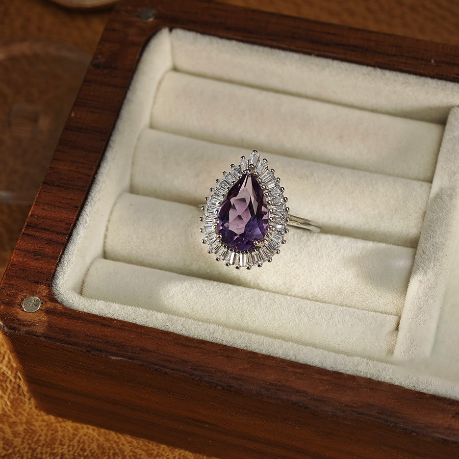 Amethyst Pear Cut Engagement Ring with Halo Design in Sterling Silver and Platinum Plating