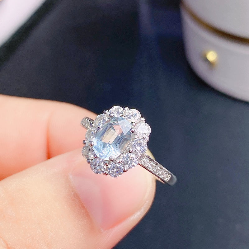 Aquamarine Oval Cut Engagement Ring with Halo in Sterling Silver and White Gold Plating