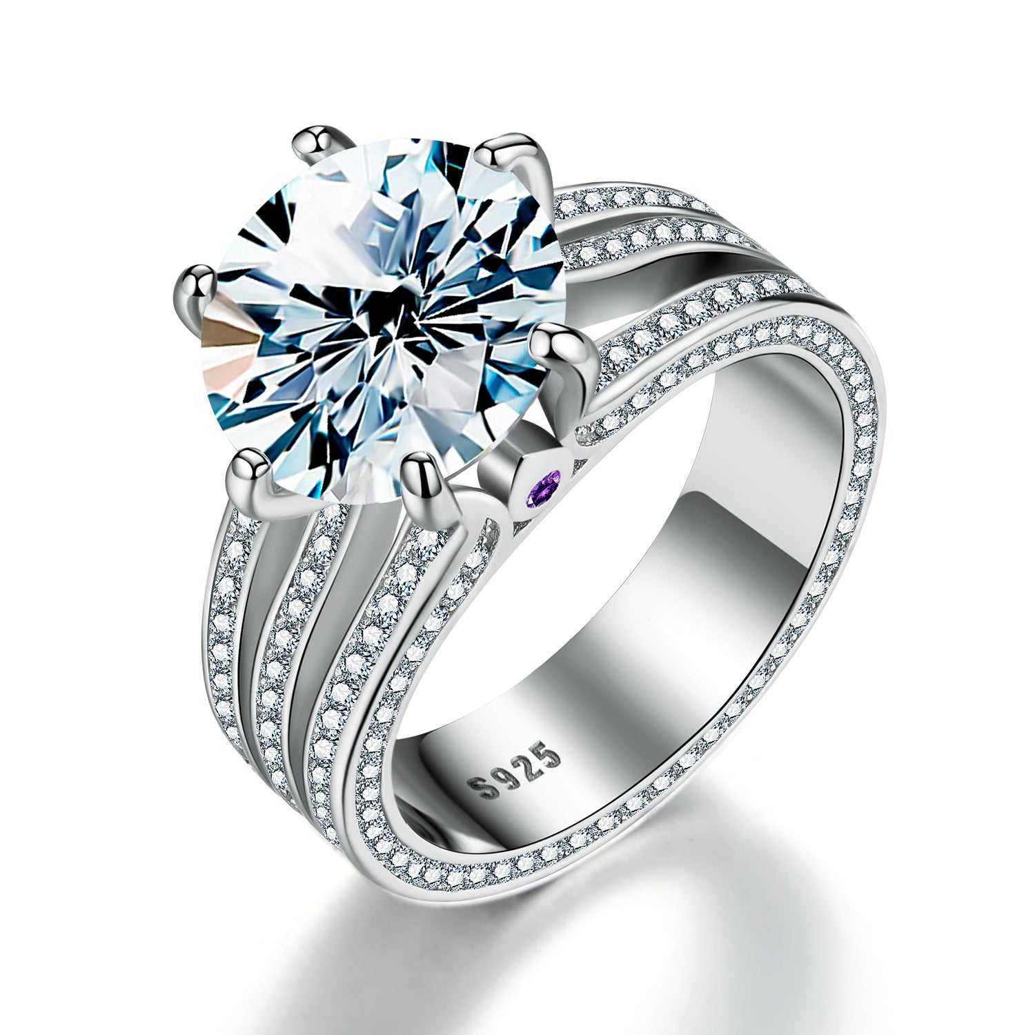 5-Carat Round Moissanite Engagement Ring with Triple-Row Accents in Sterling Silver with GRA Certificate