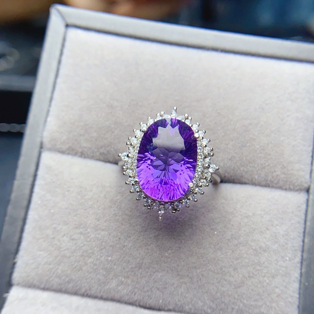 Amethyst Oval Cut Engagement Ring with Halo Design in Sterling Silver