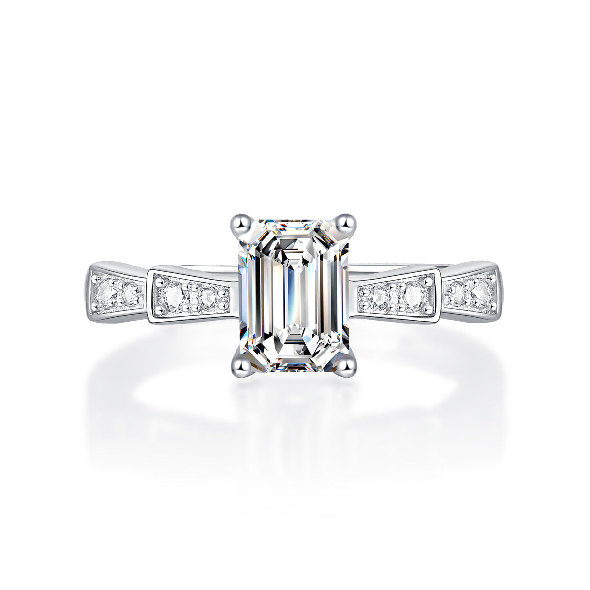 Emerald-Cut Moissanite Castle Ring in Sterling Silver with White Gold Finish with GRA Certificate