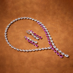 Double Row Pink Pear-Shaped Tassel Necklace Set with Simulated Diamonds in White Gold-Plated Copper