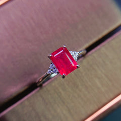 Ruby Emerald Cut Engagement Ring in Sterling Silver with White Gold Plating