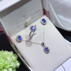 Tanzanite Oval Cut Ring and Necklace Set in Sterling Silver with White Gold Plating