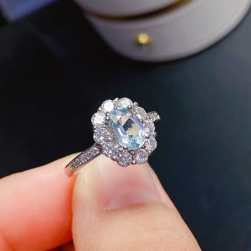 Aquamarine Oval Cut Engagement Ring with Halo in Sterling Silver and White Gold Plating