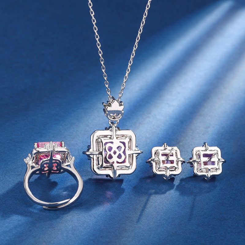 Simulated Cushion-Cut Diamond Jewelry Set in White Gold-Plated Copper with Halo Design