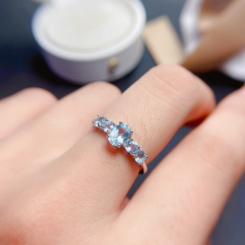 Aquamarine Oval Cut Engagement Ring in Sterling Silver with White Gold Plating