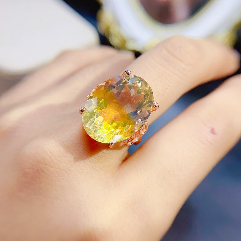 Fashionable Large Yellow Citrine Engagement Ring in Sterling Silver with White Gold