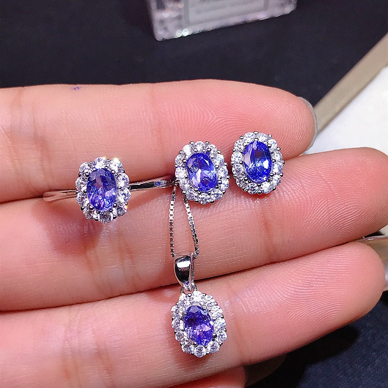 Tanzanite Oval Cut Ring and Necklace Set in Sterling Silver with White Gold Plating